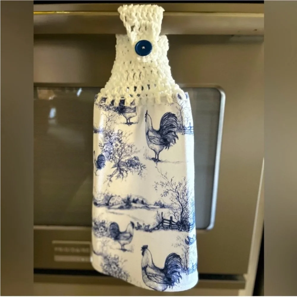Hand Crafted Farmhouse Blue and White Hanging Rooster Kitchen Hand Towel